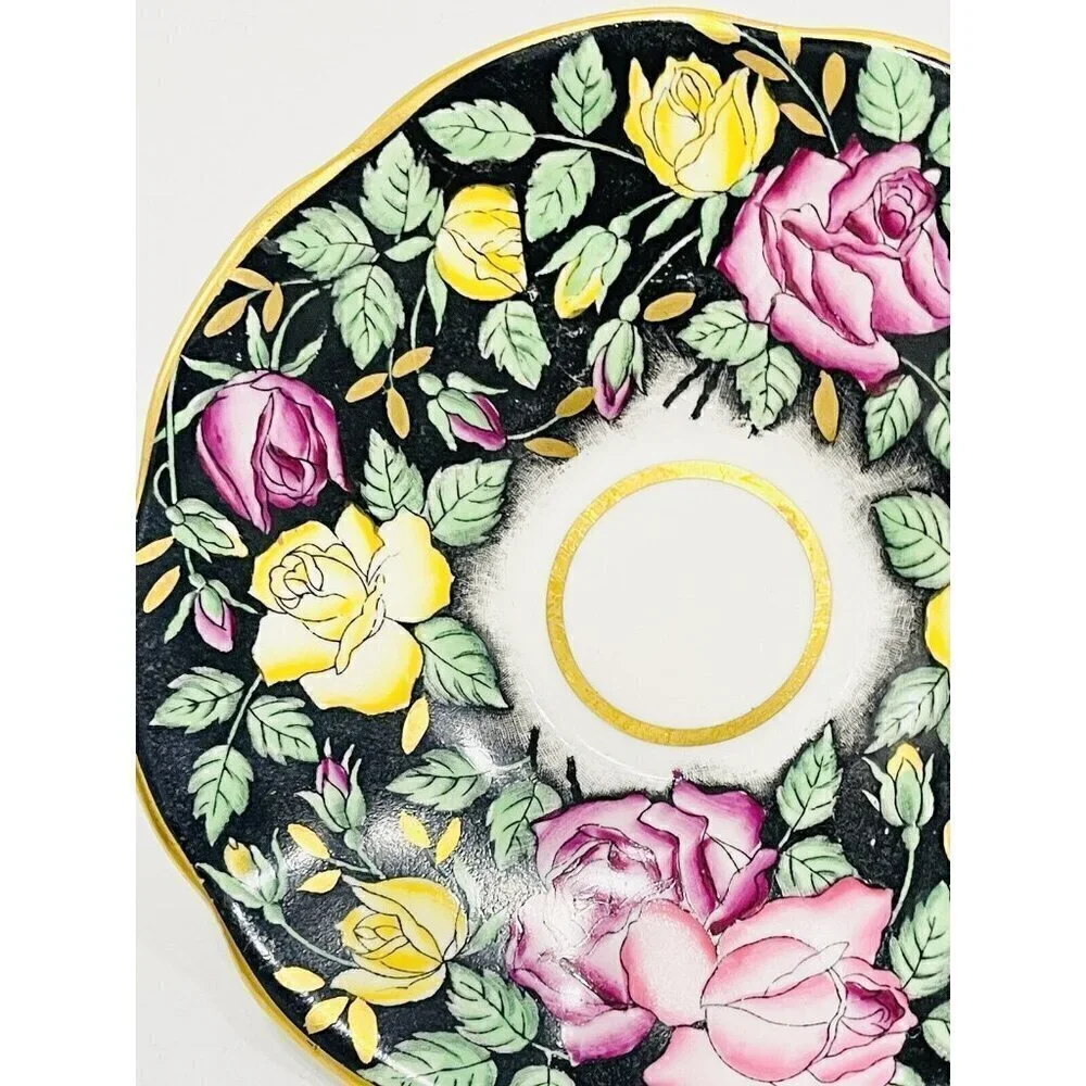 Vintage Rosina Pink & Yellow Roses Black & Gold Tea Cup & Saucer 4861 Bone China